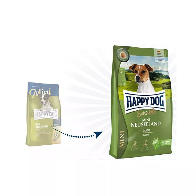 Happy Dog Mini Neuseeland visavertis pašaras mažų veislių suaugusiems šunims su ėriena ir ryžiais, 800 g