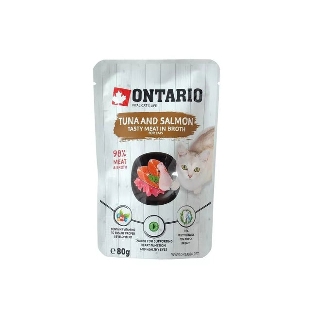 Ontario konservai katėms su tunu ir lašiša sultinyje, 80 g